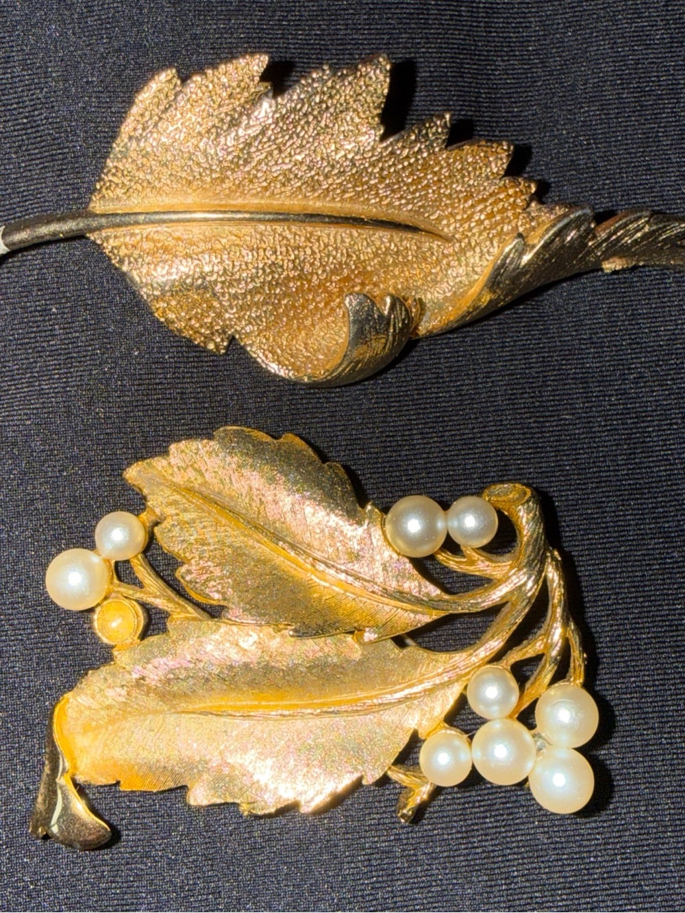 Coro Gold-Tone Leaf Brooch with Pearl Clusters vintage leaves